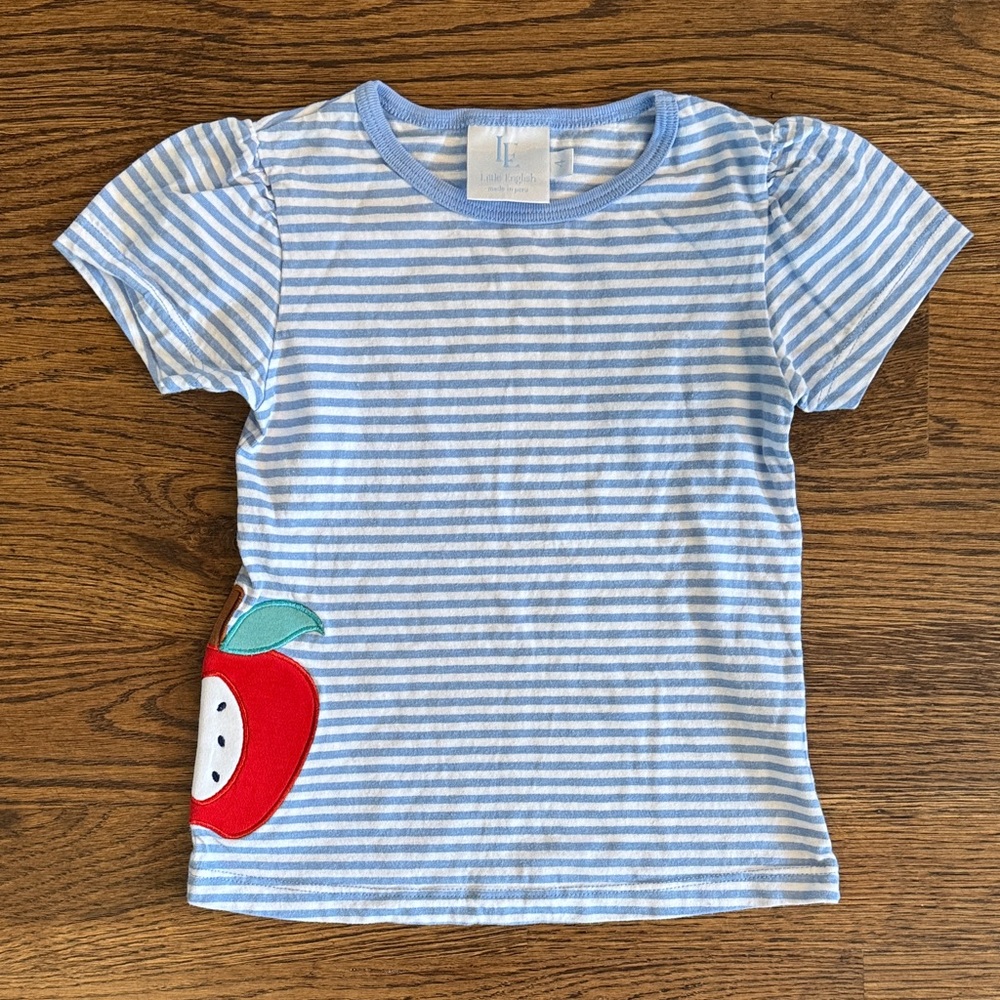 Little English Light Blue & White Striped Red Apple Applique Tee